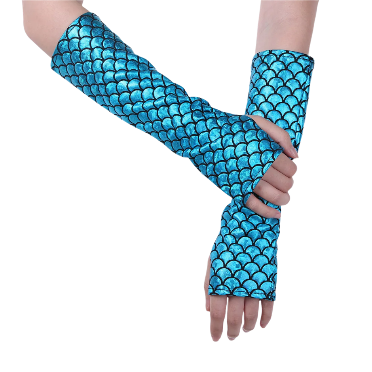 Mermaid scale fingerless arm sleeves with fish pattern for resort fantasy wear

