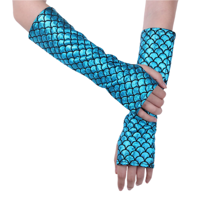 Mermaid scale fingerless arm sleeves with fish pattern for resort fantasy wear

