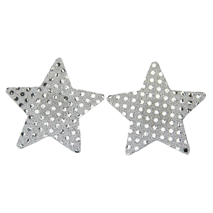 Two silver glitter star-shaped embellishments covered with rhinestones, displayed on a light gray background