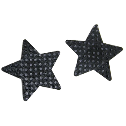 Two black star-shaped stud earrings with a textured, dotted pattern, displayed on a clean white background.