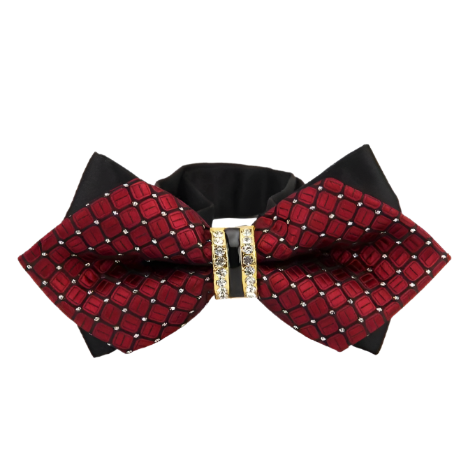 Red and black bow tie with a gold clasp on a white background