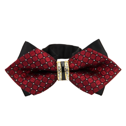 Red and black bow tie with a gold clasp on a white background