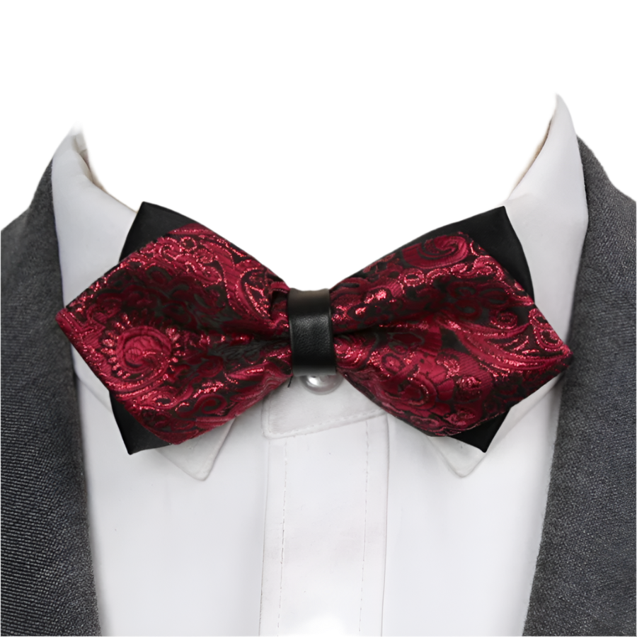 Red paisley bow tie on a mannequin with a white shirt and gray jacket.