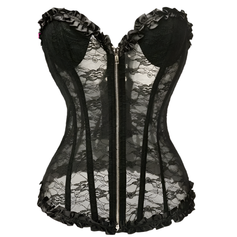 floral lace corset top with padded cups and zipper closure, perfect for resort theme nights and special occasions