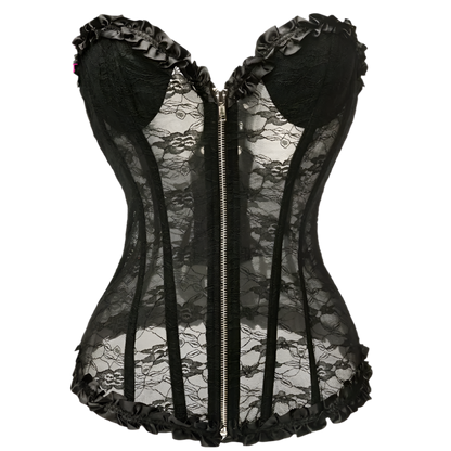 floral lace corset top with padded cups and zipper closure, perfect for resort theme nights and special occasions