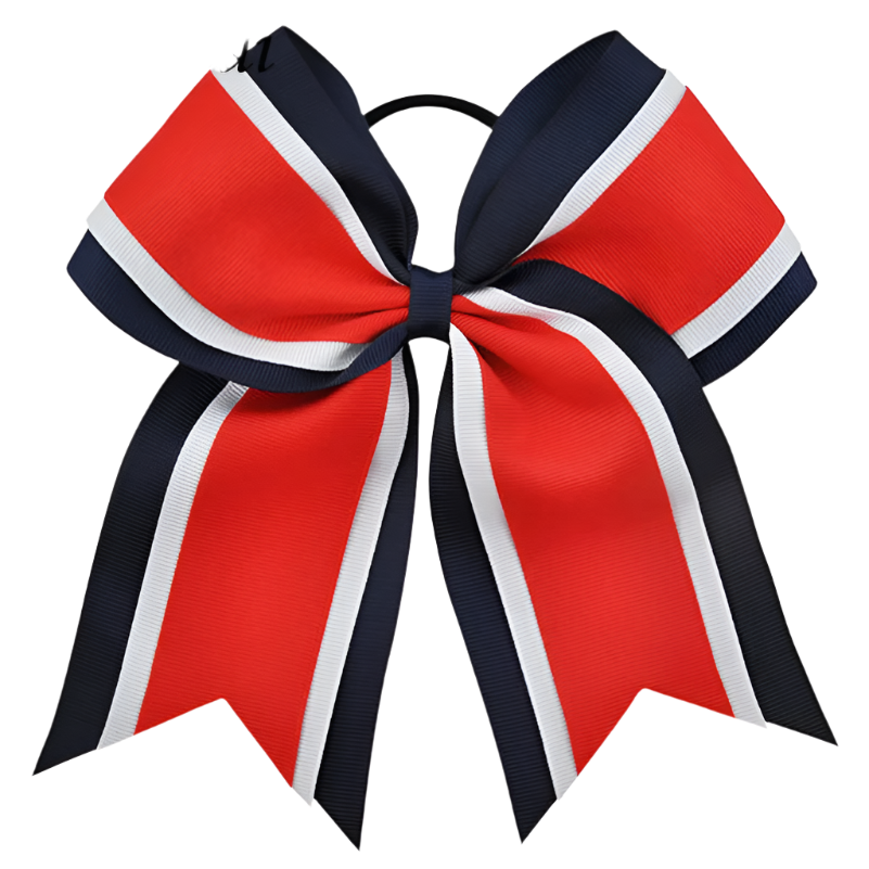 Red and navy blue bow with white accents on a white background, 