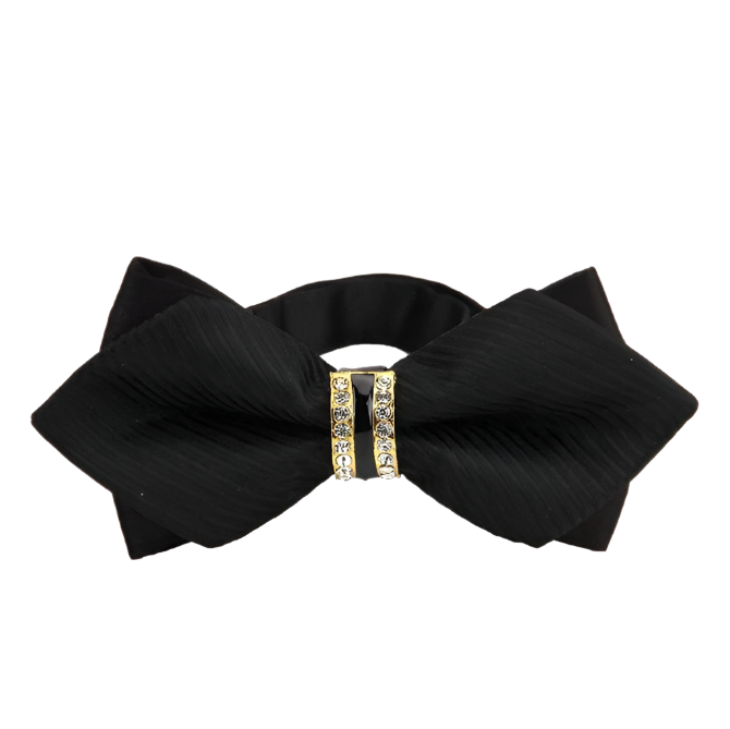 Black bow hair accessory with gold embellishments on a white background