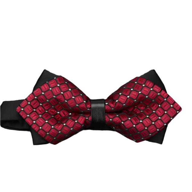 Red and black checkered bow tie on a textured black background