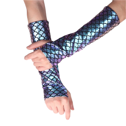 Mermaid scale fingerless arm sleeves with fish pattern for resort fantasy wear

