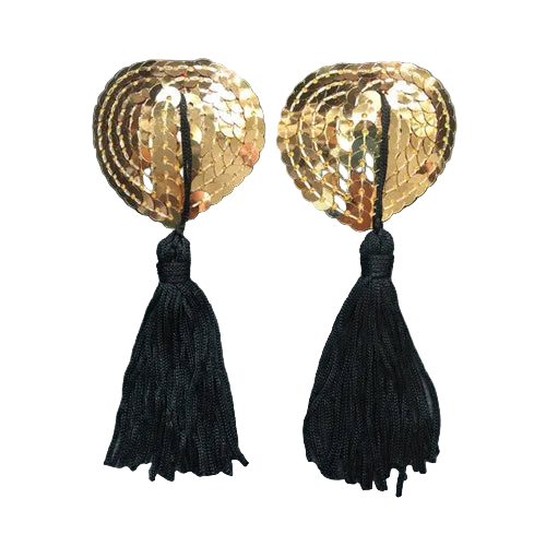 Pair of gold leaf-shaped earrings with black tassels on a gray background