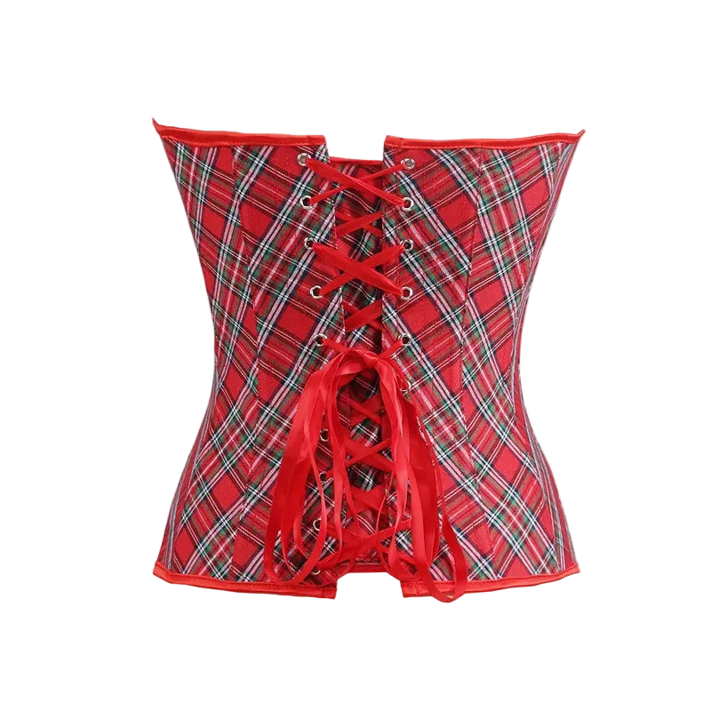 A red tartan plaid corset with red satin laces and silver metal eyelets, shown against a plain white background.
