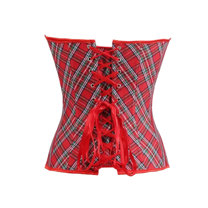 A red tartan plaid corset with red satin laces and silver metal eyelets, shown against a plain white background.