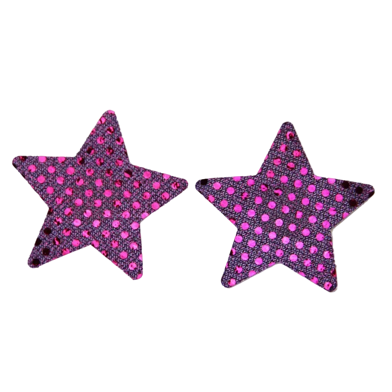 Two star-shaped patches with a pink and purple polka dot pattern on a white background, 
