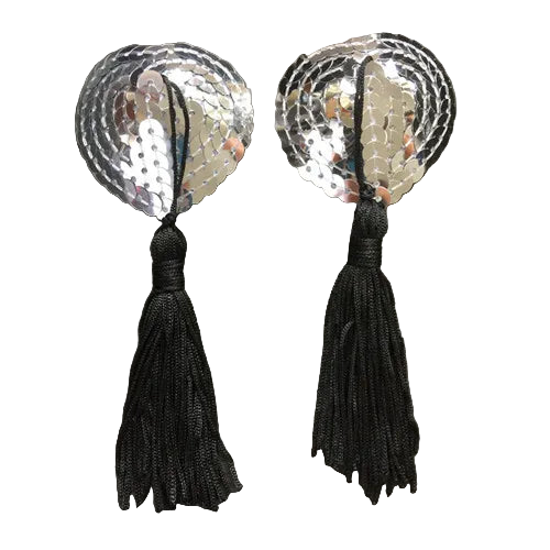 Pair of earrings with silver sequin disc and black tassel on a dark background