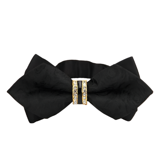 Black bow hair clip with a gold buckle on a white background
