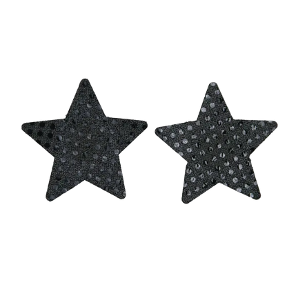 Two black star-shaped patches with a textured, speckled pattern, displayed side-by-side on a plain white background.