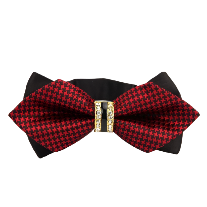 Red and black checkered bow tie with a gold center on a white background