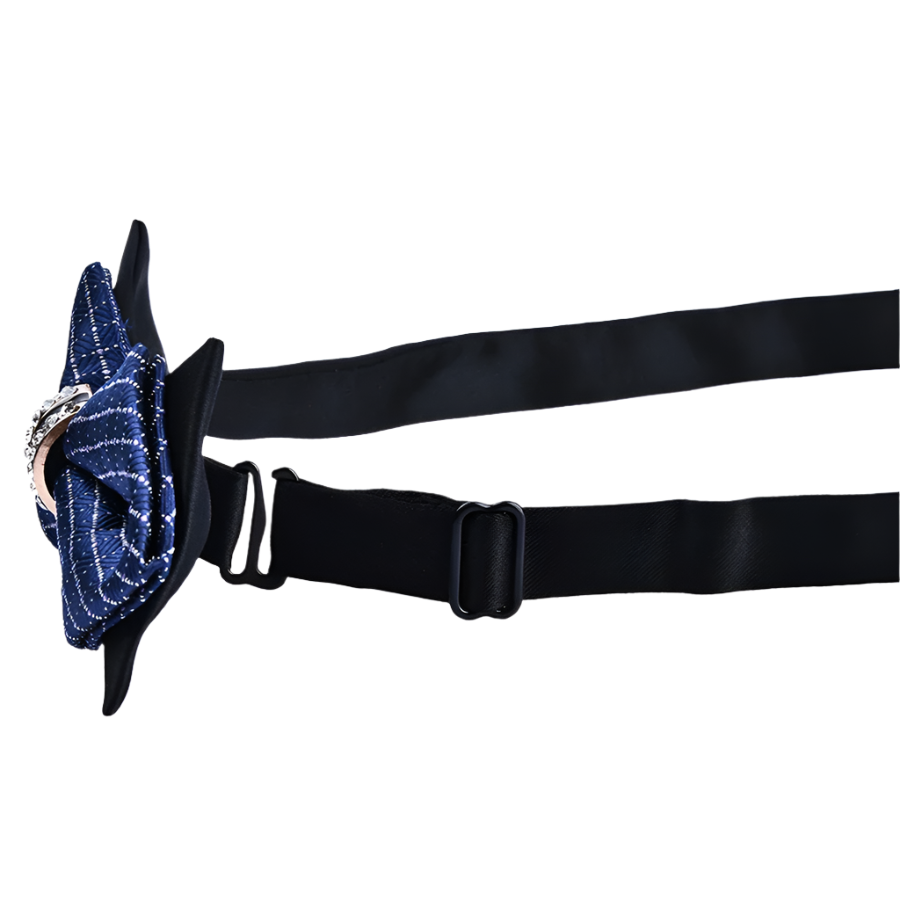 Black belt with a blue floral accessory on a white background