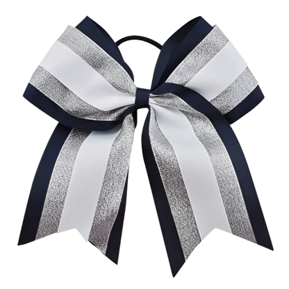Navy and white striped hair bow on a white background