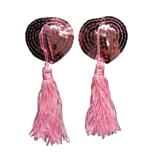 Pair of pink sequin pasties with tassels on a dark green background