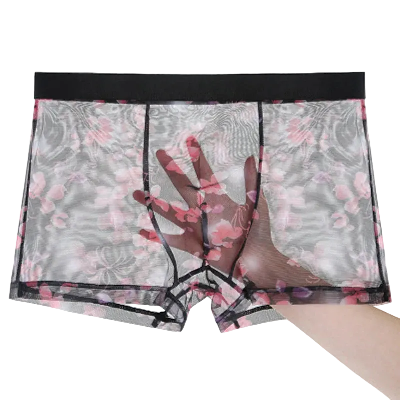 Floral patterned underwear with sheer panels on a white background