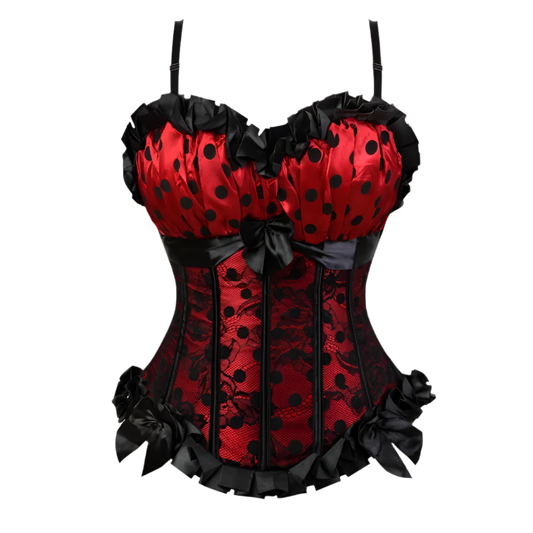 Red and black corset with floral details on a white background