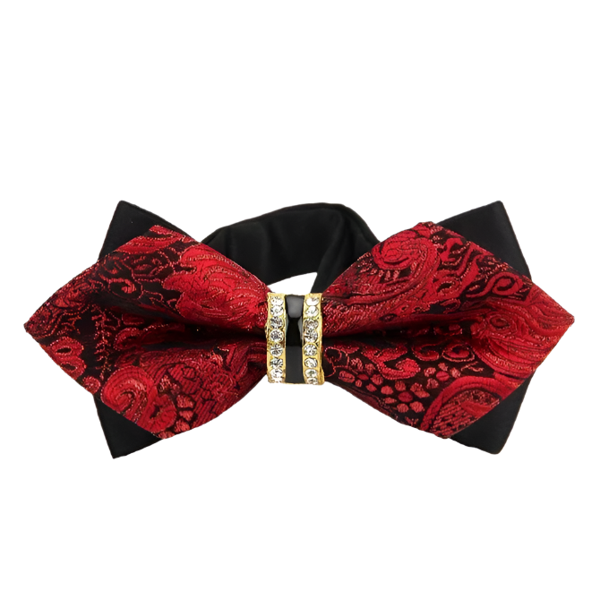 Red and black bow tie with a decorative clasp on a white background