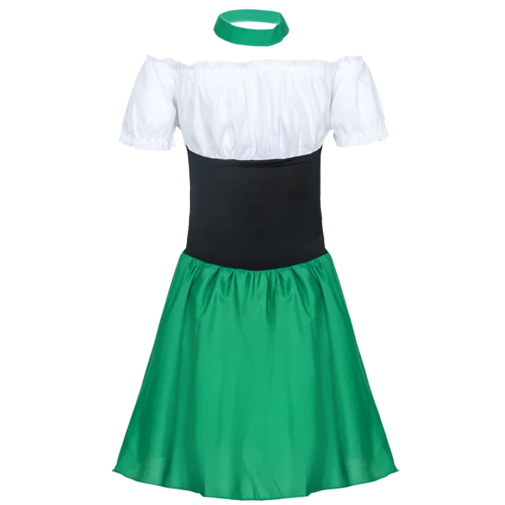 Green St. Patrick's Day Costume: A festive costume featuring a green dress with a white blouse, black corset, and apron with "Kiss Me!" text, paired with polka dot stockings.

