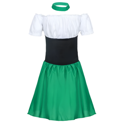 Green St. Patrick's Day Costume: A festive costume featuring a green dress with a white blouse, black corset, and apron with "Kiss Me!" text, paired with polka dot stockings.

