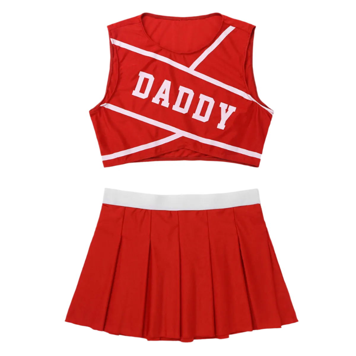 Red cheerleader outfit with 'DADDY' text on a white background
