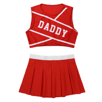 Red cheerleader outfit with 'DADDY' text on a white background