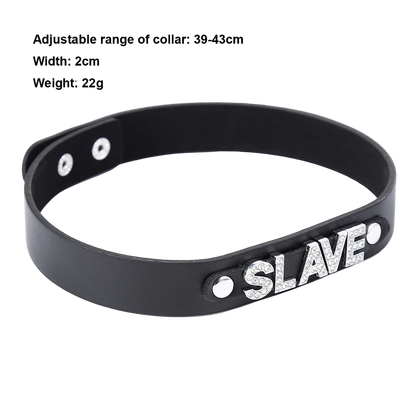Black collar with 'SLAVE' engraving on a white background