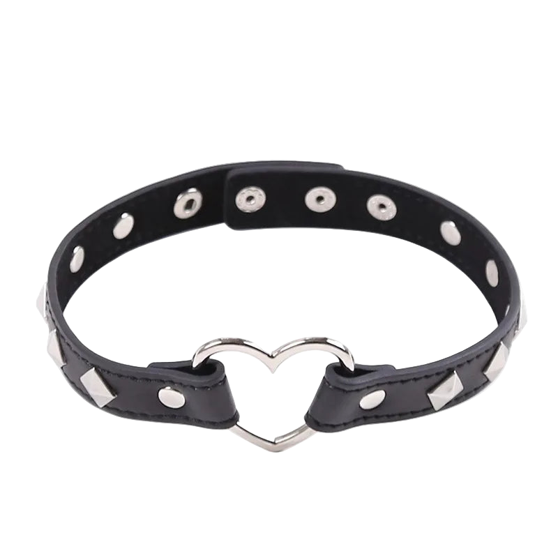 Black leather choker with silver heart design and studs on a white background