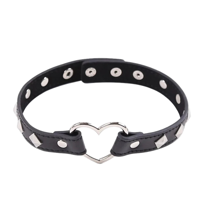 Black leather choker with silver heart design and studs on a white background