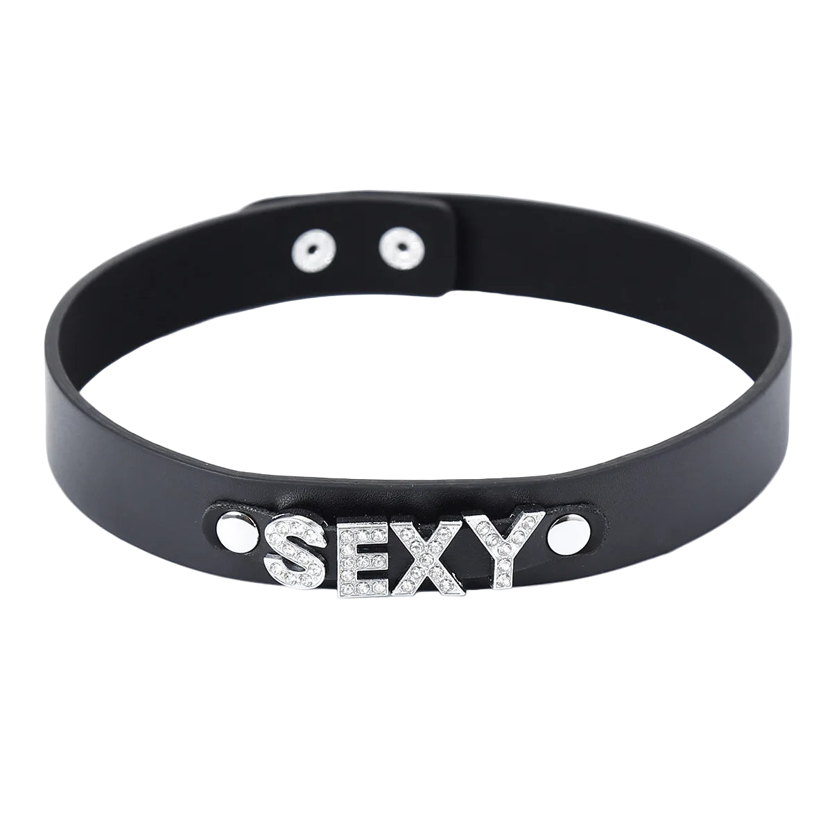 Black choker with 'SEXY' in rhinestones on a white background