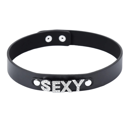 Black choker with 'SEXY' in rhinestones on a white background