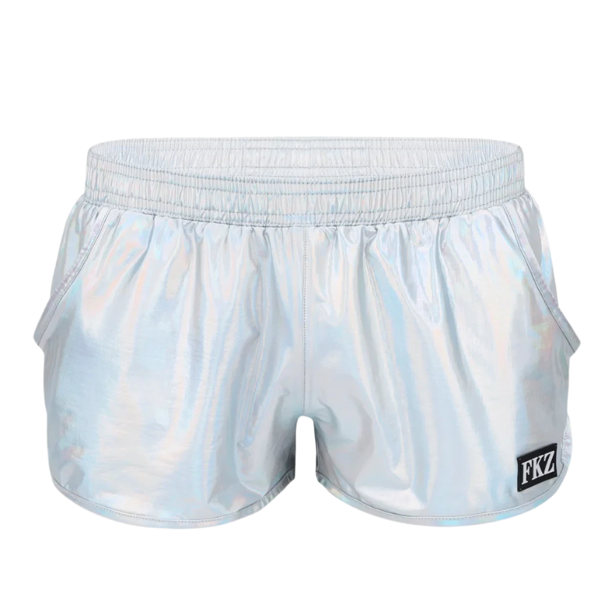 Shiny, reflective shorts with an elastic waistband and a small logo patch, offering a futuristic look.