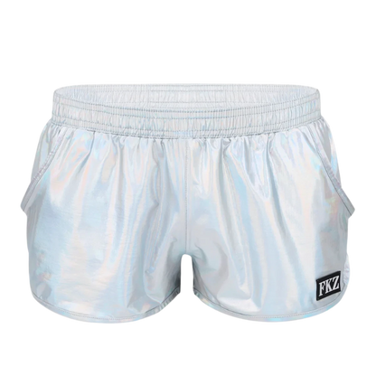 Shiny, reflective shorts with an elastic waistband and a small logo patch, offering a futuristic look.