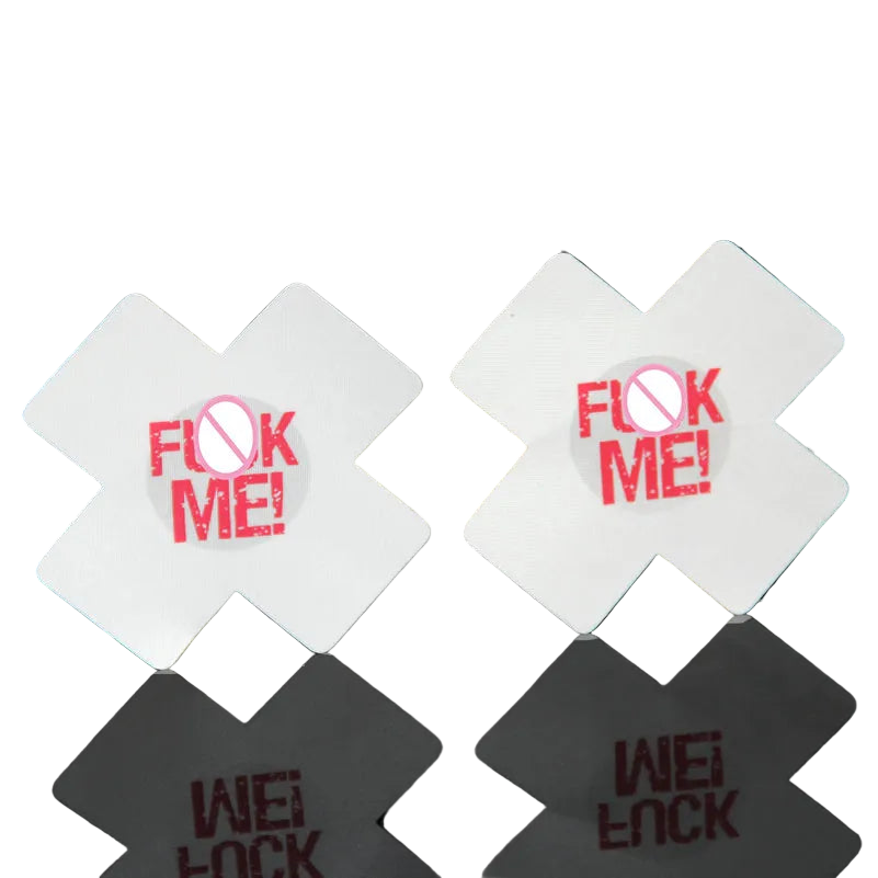 Two white coasters with red text on a black background