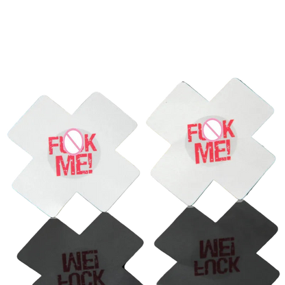 Two white coasters with red text on a black background