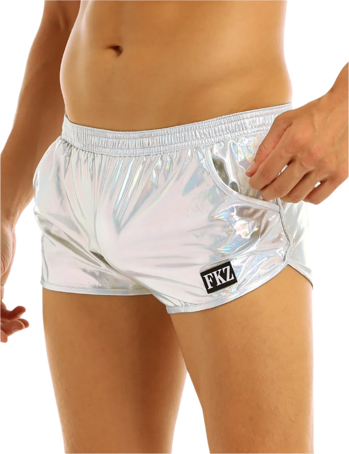 Shiny, reflective shorts with an elastic waistband and a small logo patch, offering a futuristic look.