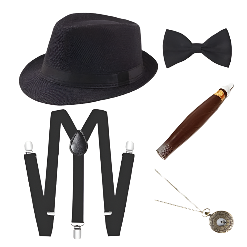 Men's Roaring 20s Gatsby accessories set with retro gangster style for resort theme nights

