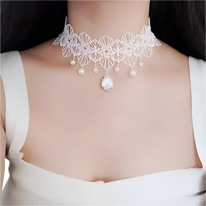 White lace choker with pearl accents and tassel details - perfect for alternative resort brides and theme nights