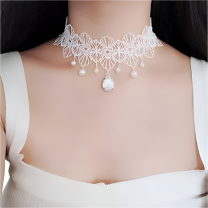 White lace choker with pearl accents and tassel details - perfect for alternative resort brides and theme nights