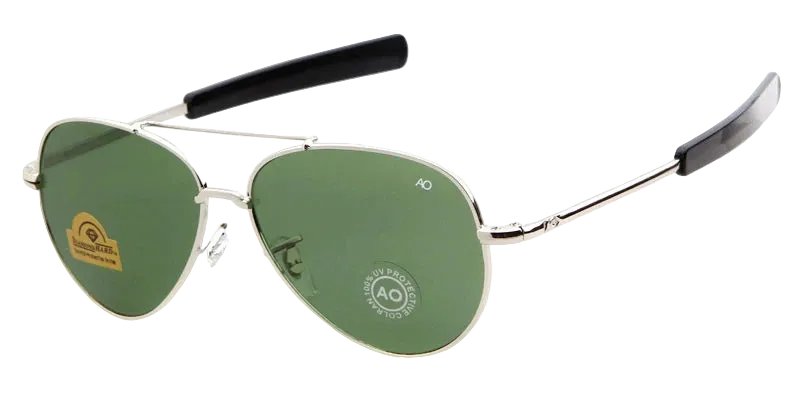 Silver aviator sunglasses with green lenses, featuring a thin silver metal frame, green tinted lenses, and black temple tips. The text 'C5 SILVER FRAME & GREEN LENS' is visible on the bottom right.