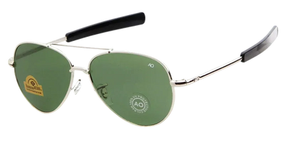Silver aviator sunglasses with green lenses, featuring a thin silver metal frame, green tinted lenses, and black temple tips. The text 'C5 SILVER FRAME & GREEN LENS' is visible on the bottom right.