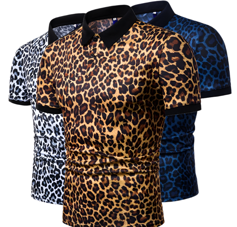 Slim fit leopard print polo shirt with turn-down collar, perfect for summer resort wear

