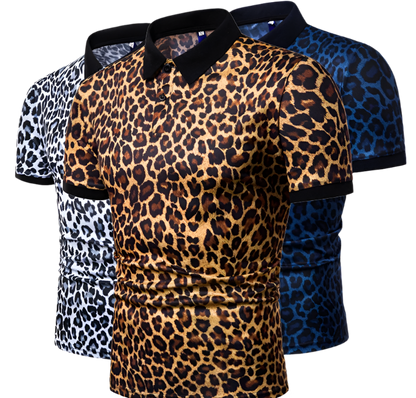 Slim fit leopard print polo shirt with turn-down collar, perfect for summer resort wear

