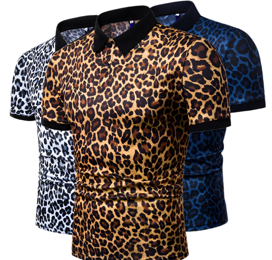 Slim fit leopard print polo shirt with turn-down collar, perfect for summer resort wear

