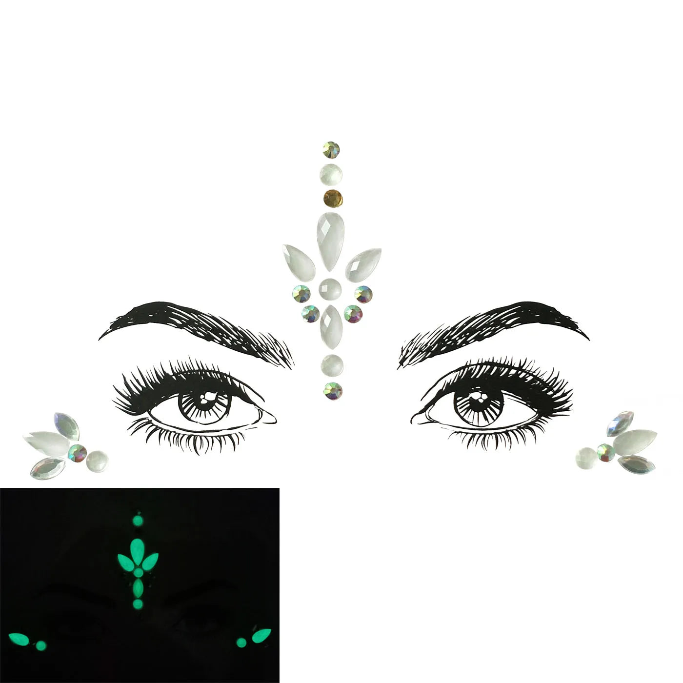 Eye makeup design with decorative elements and a glow-in-the-dark version.
